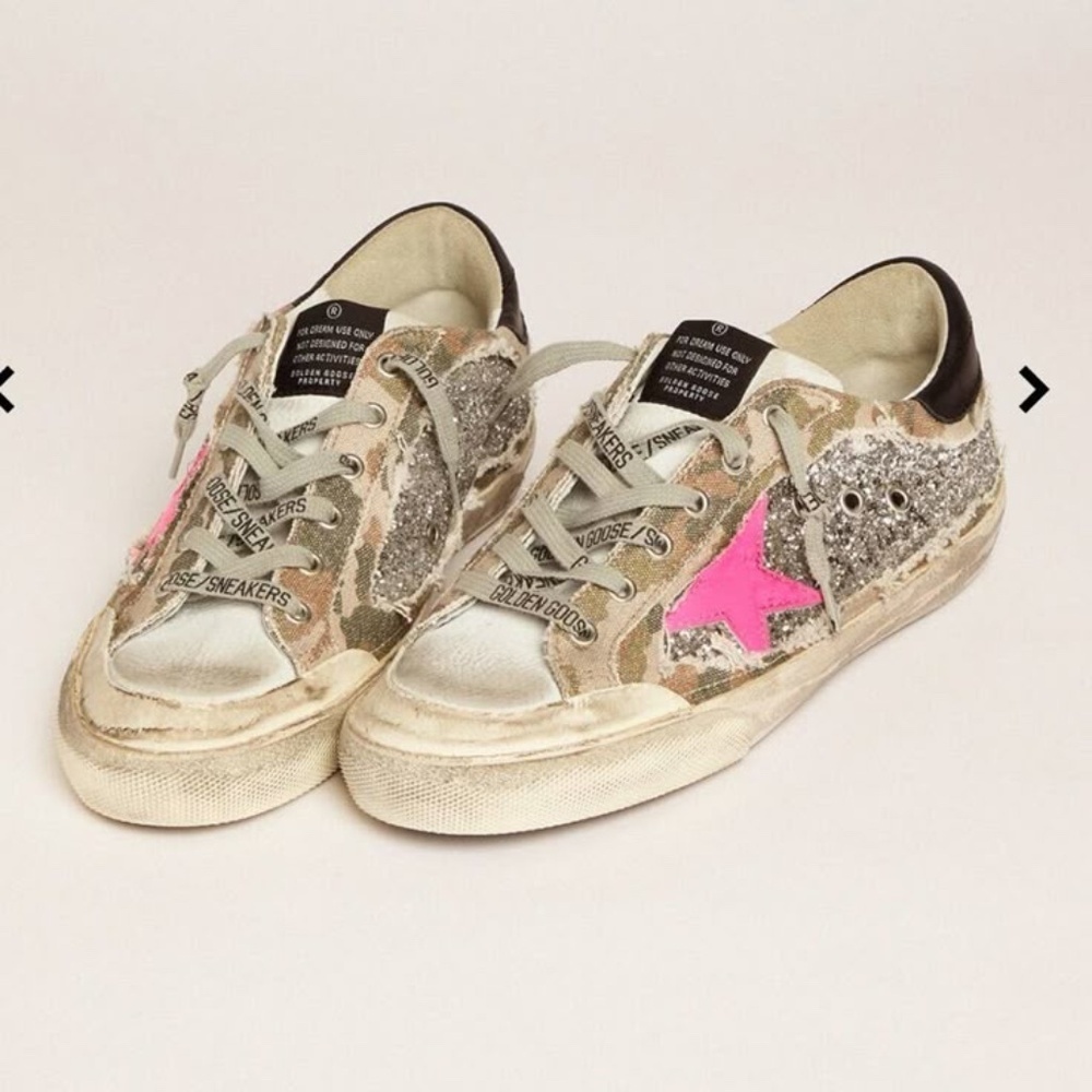 EUC Women's Golden Goose Super-Star Sneakers Camo Silver Glitter Pink Star 36  6
